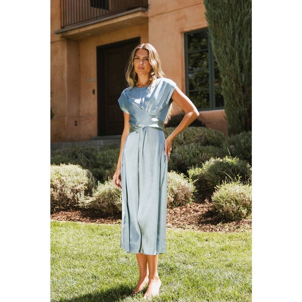 Bohme Rosalind Midi Wrap Satin Dress in Blue Small Preppy Formal Wedding Modest